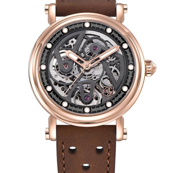 Men's Automatic Skeleton Watch 40mm Stainless Steel Leather Strap Waterproof